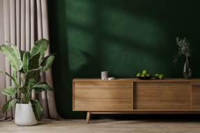 Imagen de una pared decorada en color verde oscuro, con un mueble de madera, una planta y unas limas verdes.
