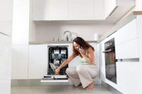 una persona frente de la lavavajillas